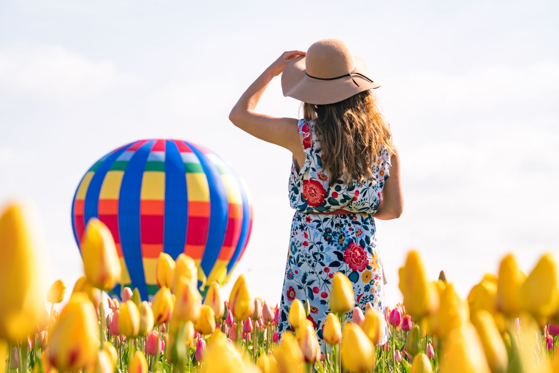 hot air balloon and tulips at Wooden Shoe Tulip Festival