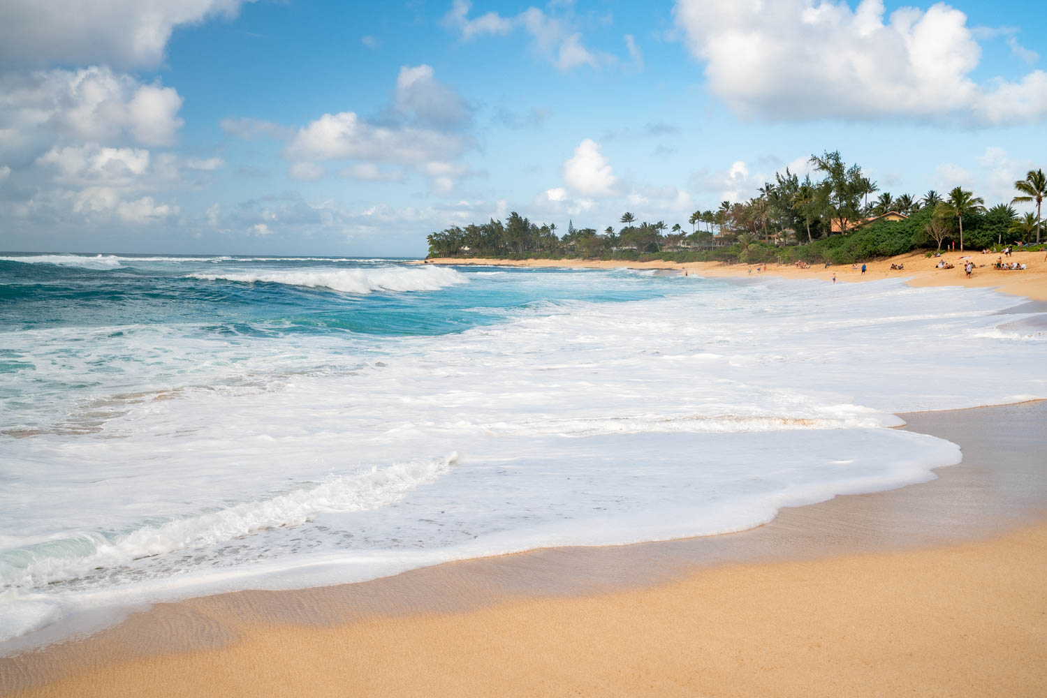 Waves breaking and washing white foam onto a wide golden beach with palm trees and green cliffs in the distance