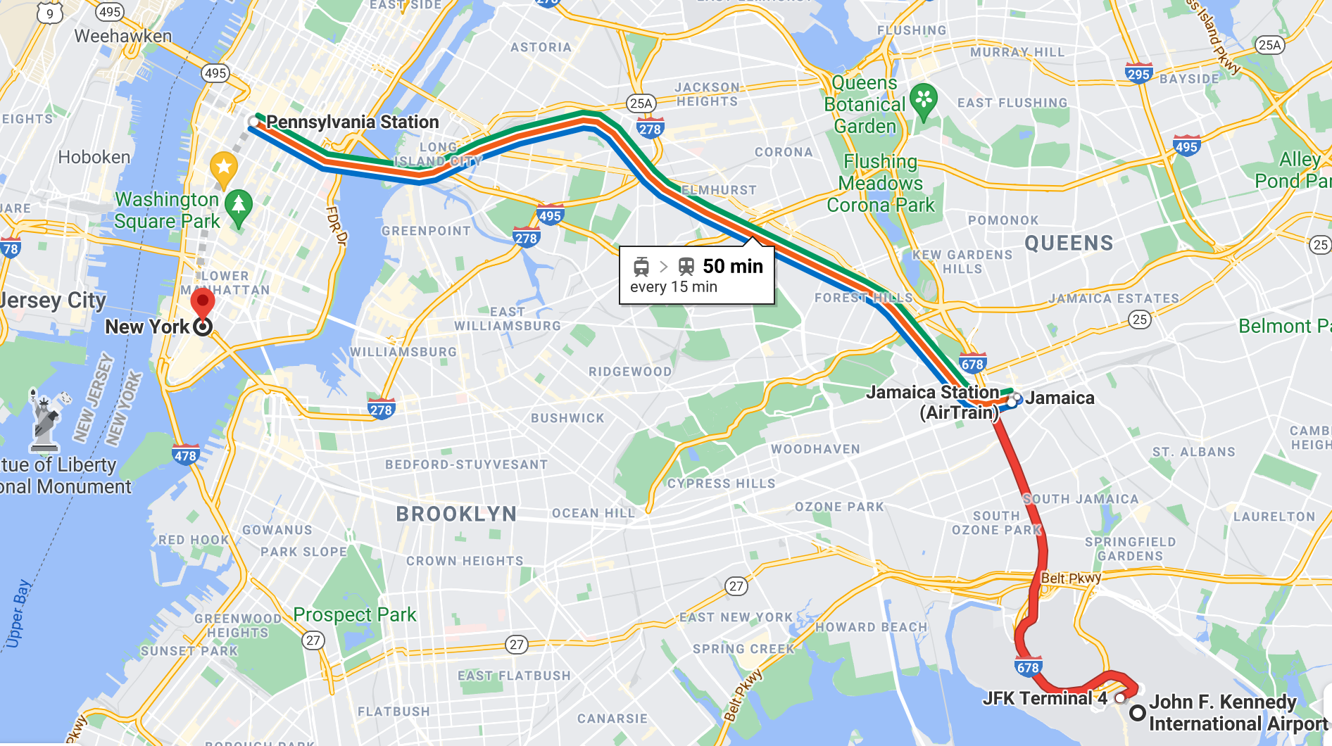 map of route between JFK Airport and Manhattan