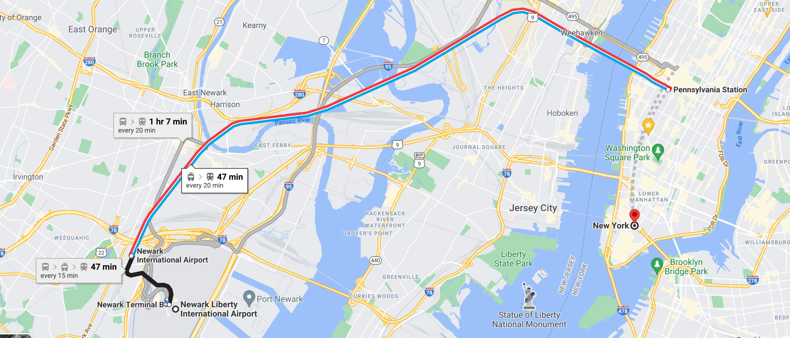 map of route between Newark International Airport and Manhattan