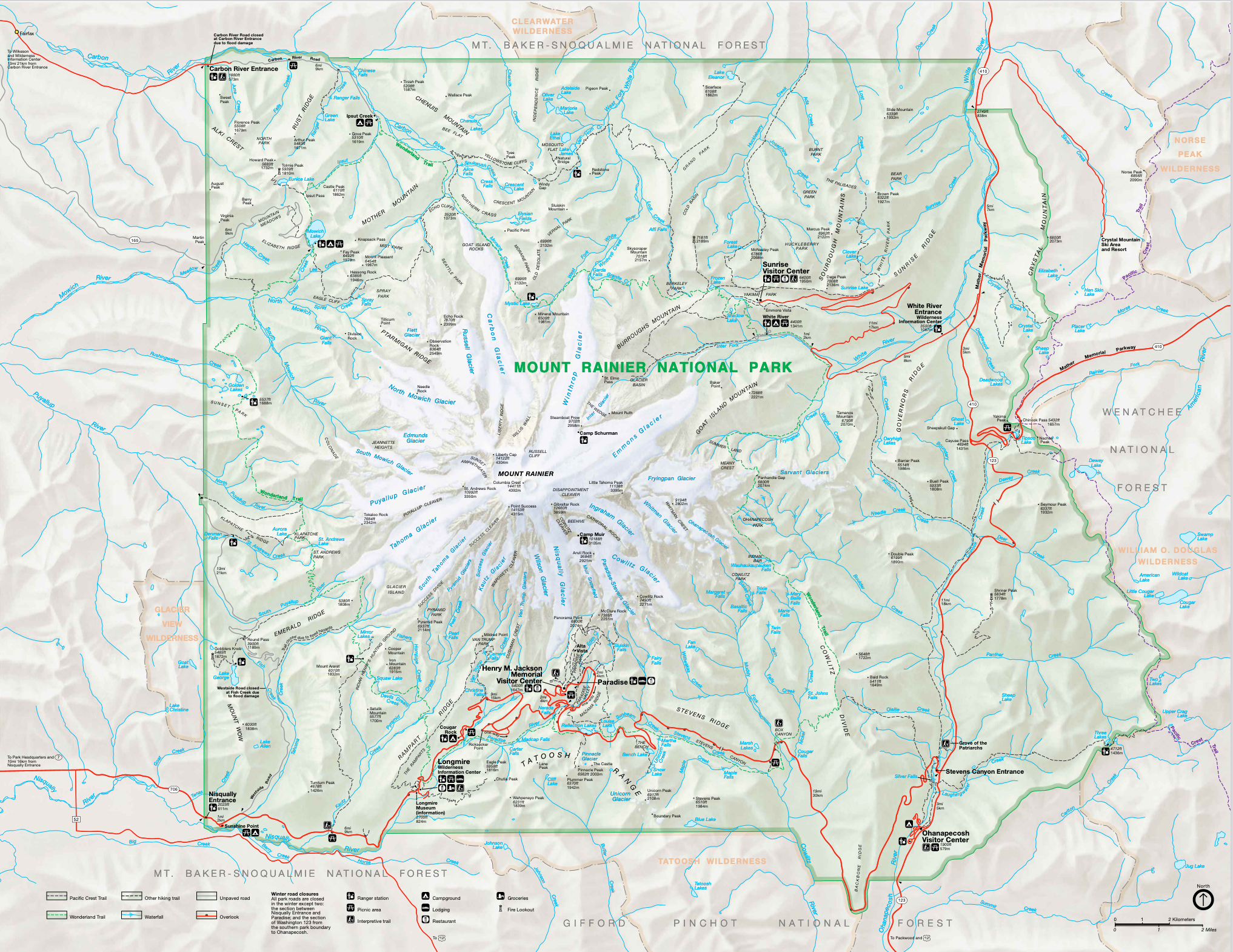 Mt. Rainier National Park entrances
Mt. Rainier National Park map regions