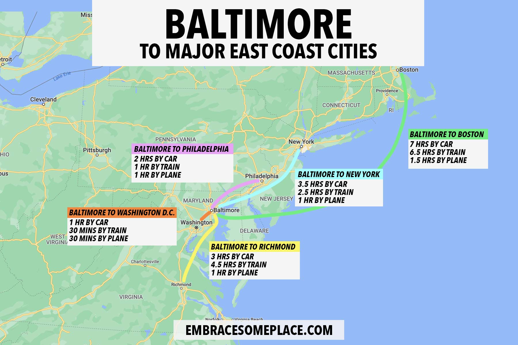 baltimore to washington dc, baltimore to philadelphia, baltimore to nyc, baltimore to new york, baltimore to boston, baltimore to richmond, baltimore to east coast cities map