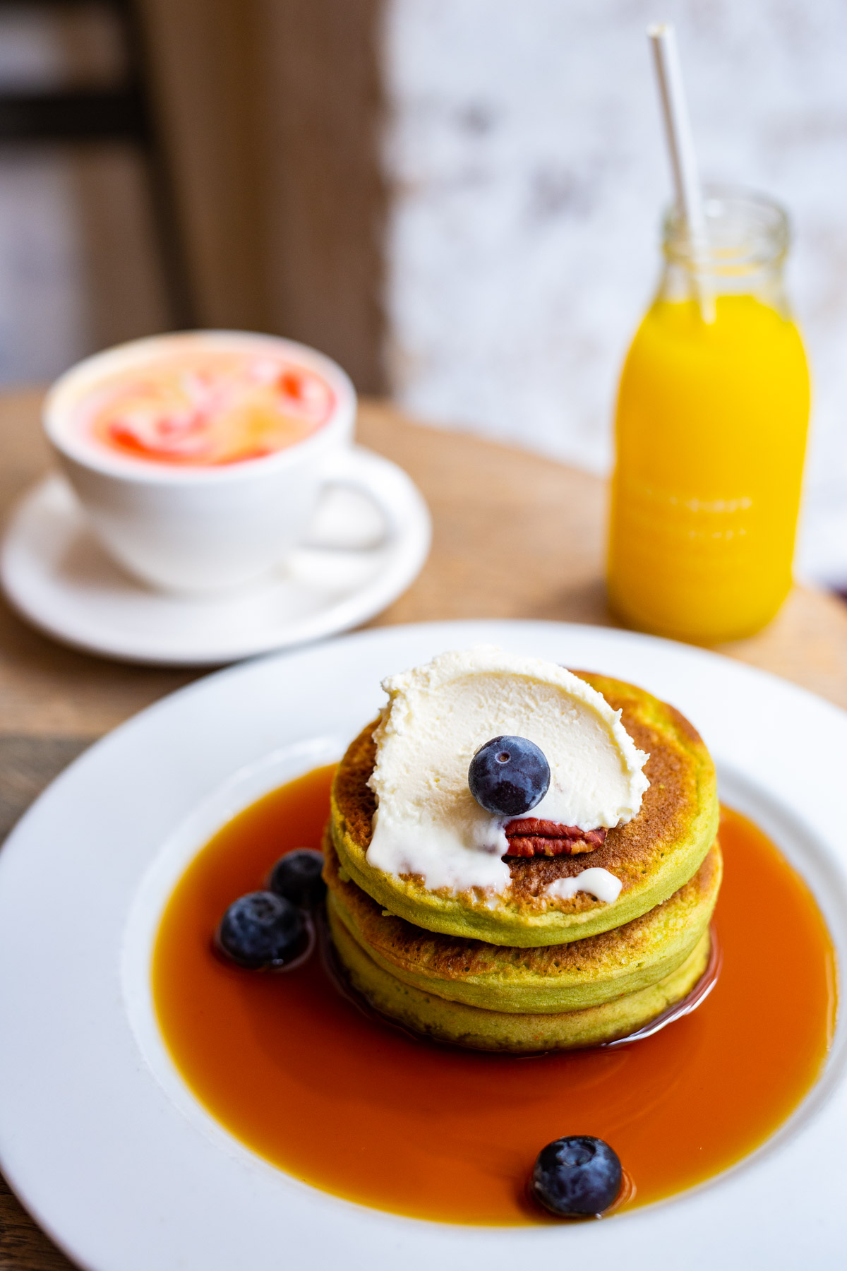 Green Pancakes from Season with a Rose Latte and orange juice best coffee shops Paris