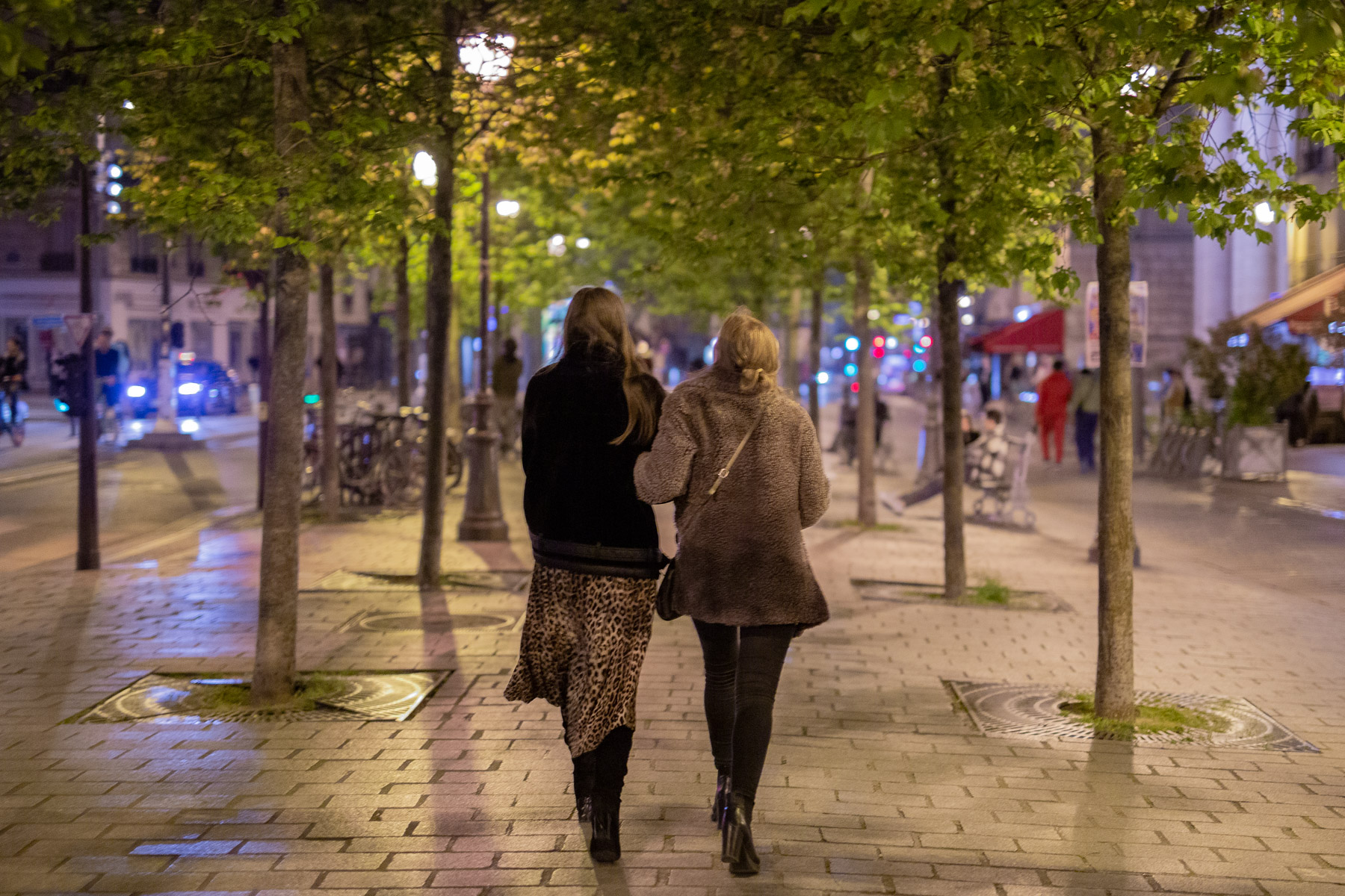 Two Girls Walking Paris Streets at Night